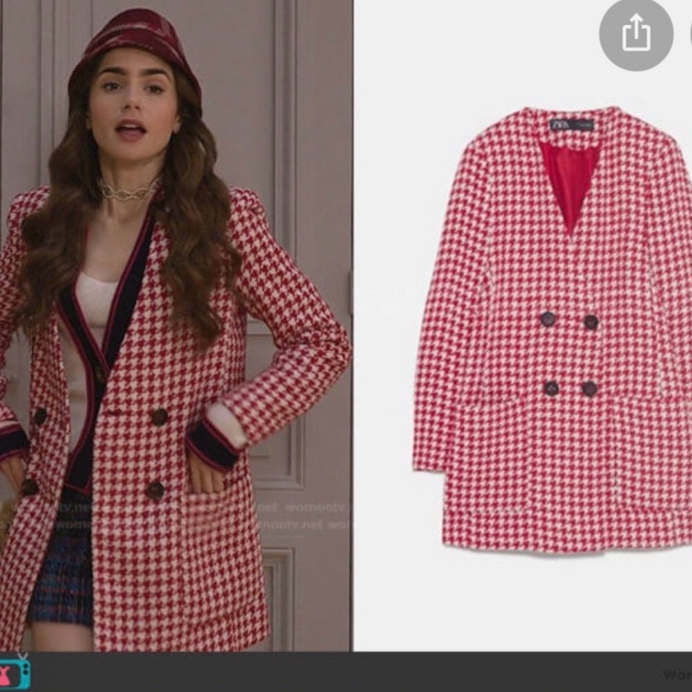 Zara Red and White Houndstooth Double-Breasted Blazer as seen on Emily In Paris